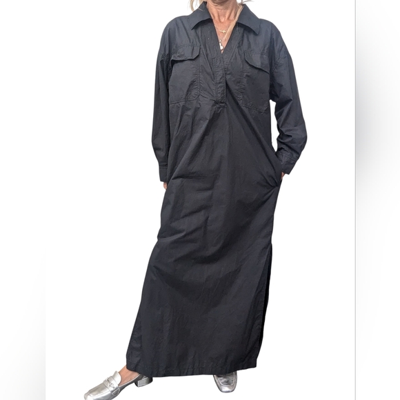 Banana Republic Black Maxi Shirt Dress Side Slit Long Sleeve Utility Pockets S - Picture 2 of 14